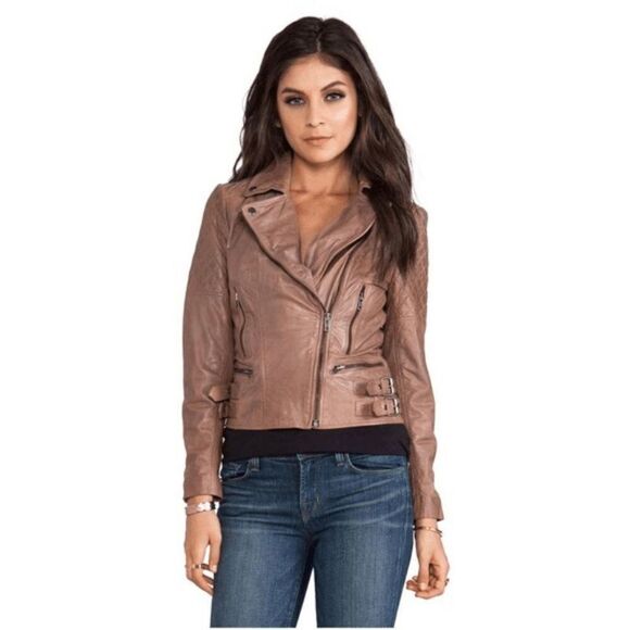 Muubaa Rokel Taupe Leather Biker Jacket Size US 2 - Picture 1 of 16